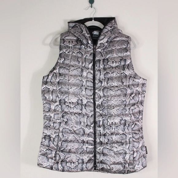Obermeyer Gray Snake Print Hooded Puffer Vest Size Large Down Insulation Hood - Picture 1 of 12